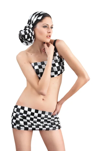 Jovem mulher em terno xadrez sobre branco — Fotografia de Stock