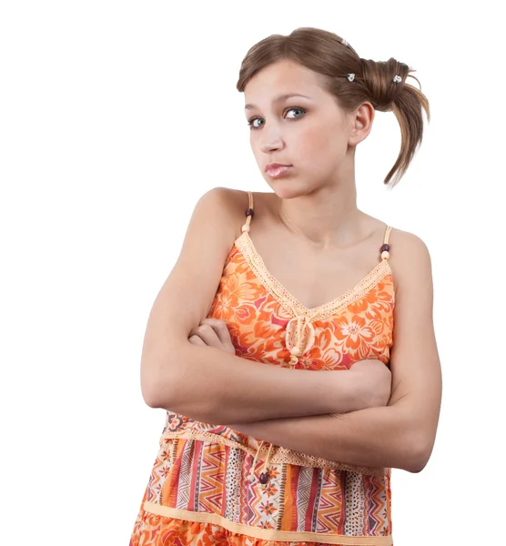 Νεαρό κορίτσι σε πορτοκαλί φόρεμα — Φωτογραφία Αρχείου