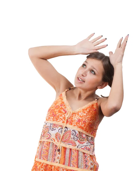 Jong meisje in oranje jurk — Stockfoto