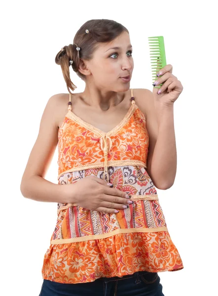 Turuncu elbiseli genç kız — Stok fotoğraf