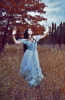 Gothic girl outdoor in blue dress autumn field clipart