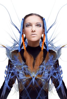 Futuristic girl with blue and orange energy flows. Art concept clipart