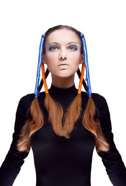 Young woman with blue and orange ribbons in hair clipart