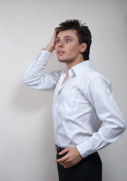 stock image Handsome man in white shirt. Studio white background.