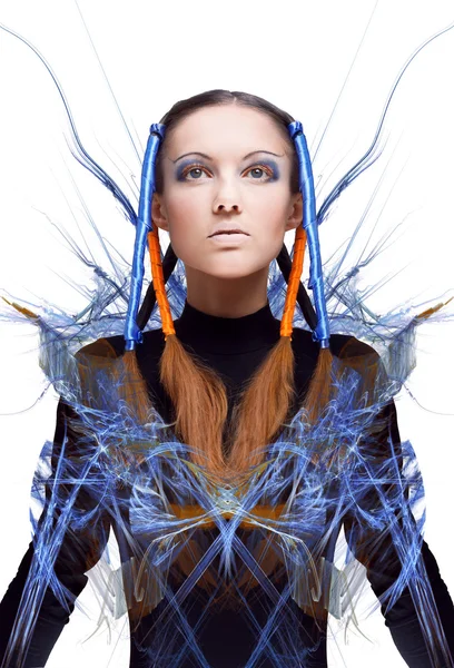 Mavi ve turuncu enerji futuristik kızla akar. Sanat kavramı — Stok fotoğraf