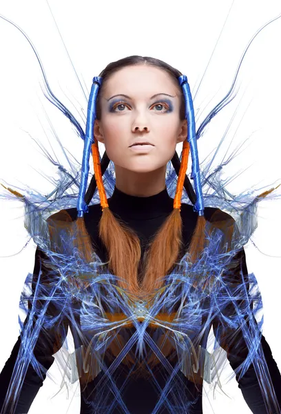 Gadis futuristik dengan aliran energi biru dan oranye. Konsep seni Stok Foto