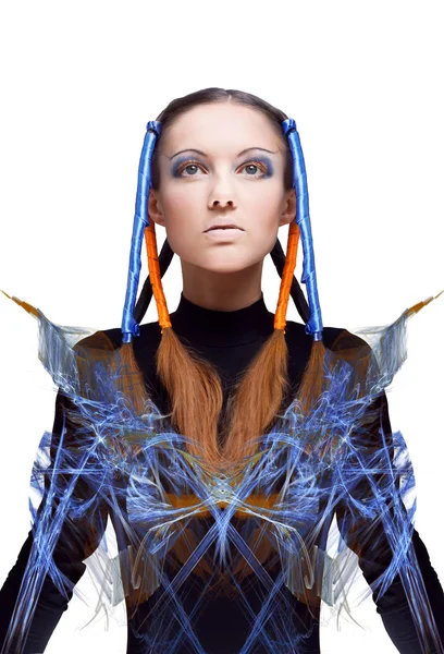 Gadis futuristik dengan aliran energi biru dan oranye. Konsep seni Stok Gambar