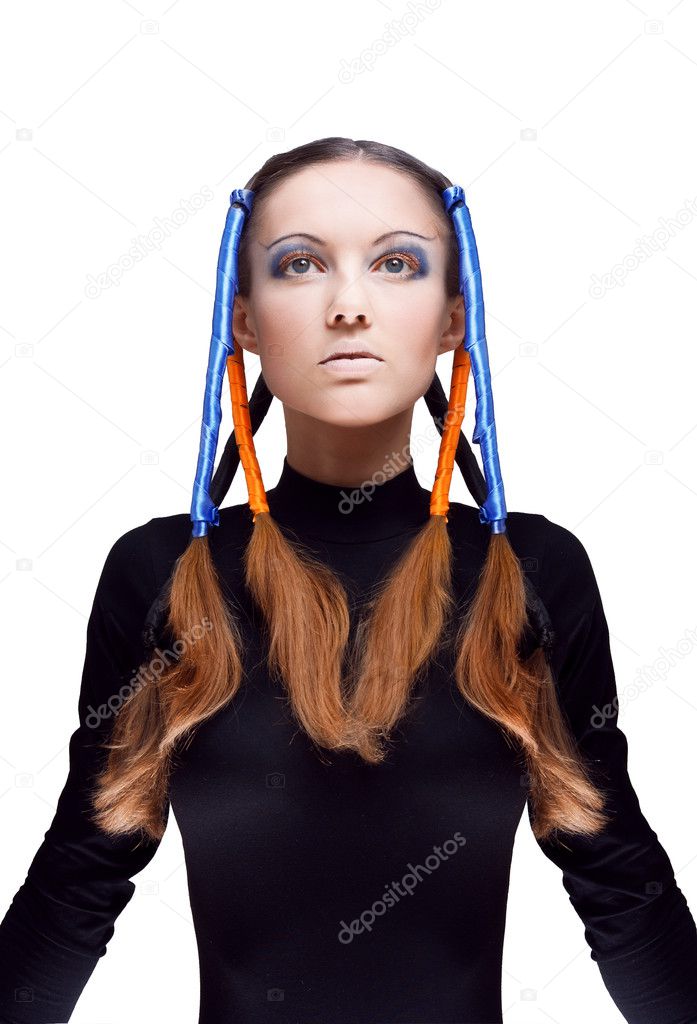 Young woman with blue and orange ribbons in hair