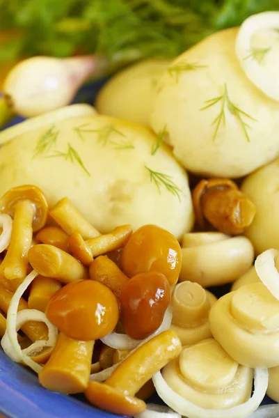 Маринадные грибы с картофелем, луком и зеленью — стоковое фото