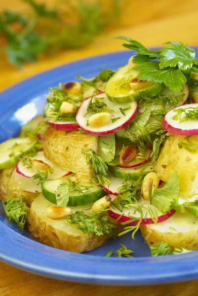 Ensalada de patatas con verduras, hierbas y frutos secos — Foto de Stock