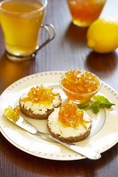 Sandwich with cheese and citrus jam — Stock Photo, Image