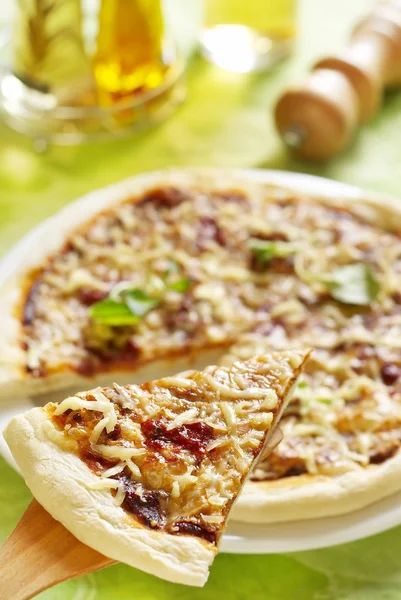 Pizza with cheese and tomato sauce — Stock Photo, Image