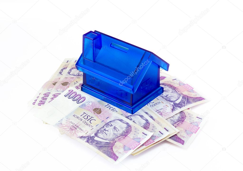 Czech money banknotes nominal value one thousand and moneybox