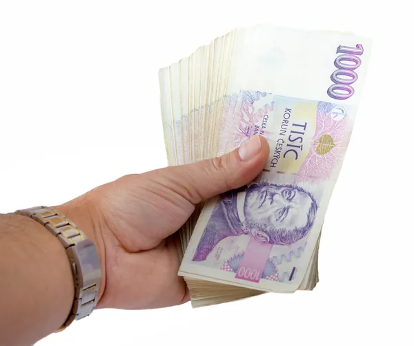 Billetes checos valor nominal mil coronas en mano — Foto de Stock