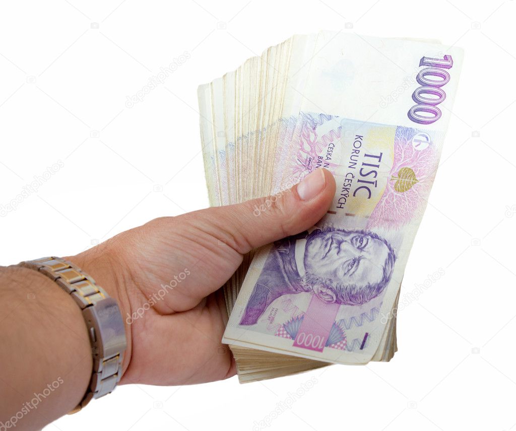 Czech banknotes nominal value one thousand crowns in hand