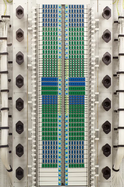Fiber optic rack met hoge dichtheid van blauwe en groene sc verbindingslijnen — Stockfoto