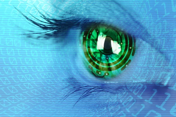 Eye iris and circuit and binary internet concept — Stock Photo, Image