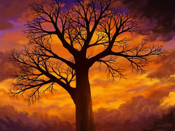 Parlak turuncu günbatımı ölü ağaç - dijital sanat — Stok fotoğraf