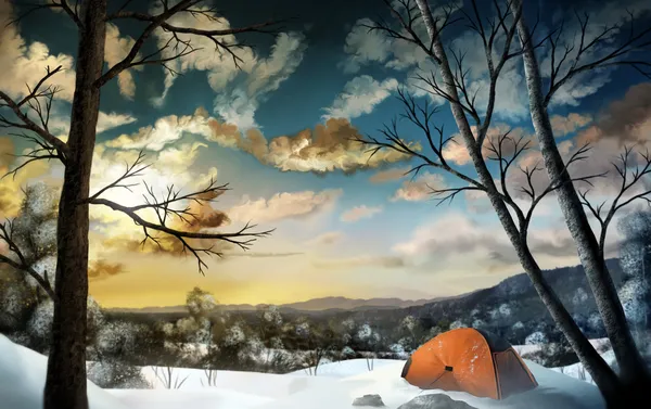 露营在雪地里-数字绘画 — 图库照片