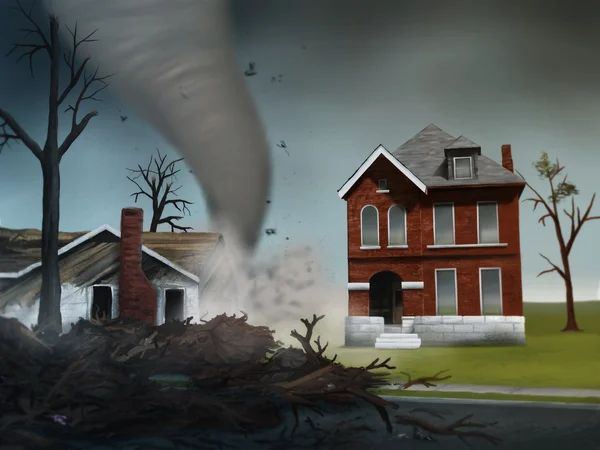 टर्नॅडो नष्ट करणारे घरे डिजिटल चित्रकला — स्टॉक फोटो, इमेज
