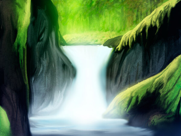 Digital painting of a soft waterfall in a green forest landscape