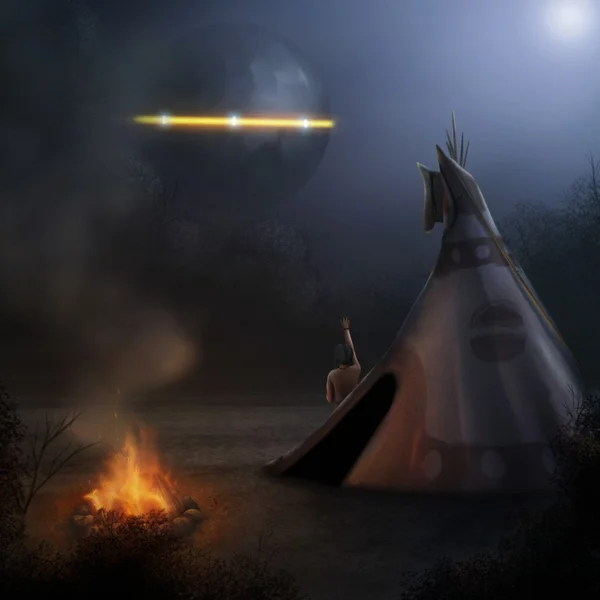 OVNI nativo americano avistamento - Pintura digital — Fotografia de Stock