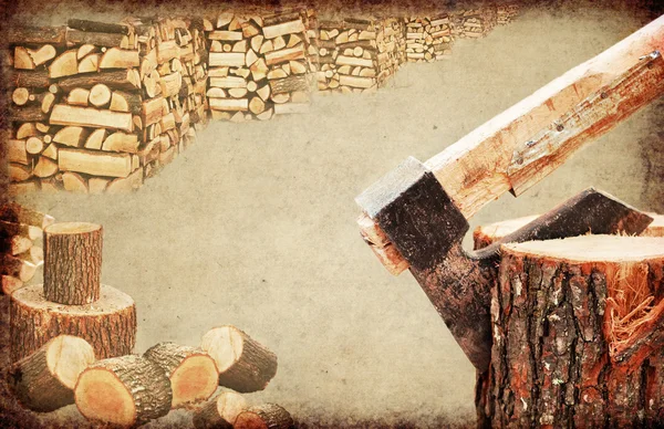 Fire wood concept.Axe chopping log — Stock Photo, Image