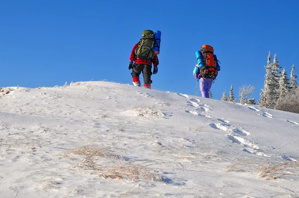 Turistler gökyüzü kar yamaç — Stok fotoğraf