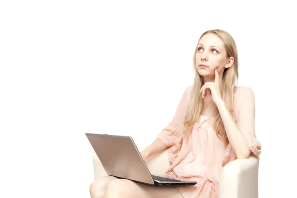 stock image Portrait of young beautiful smiling woman with laptop