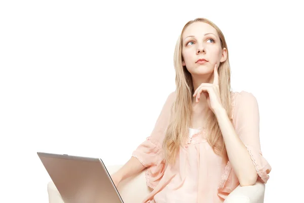 stock image Portrait of young beautiful smiling woman with laptop