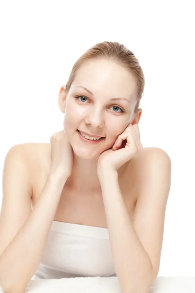 Portrait of beautiful young woman on white background — Stock Photo, Image