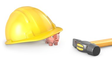 Piggy bank looks out of large helmet clipart