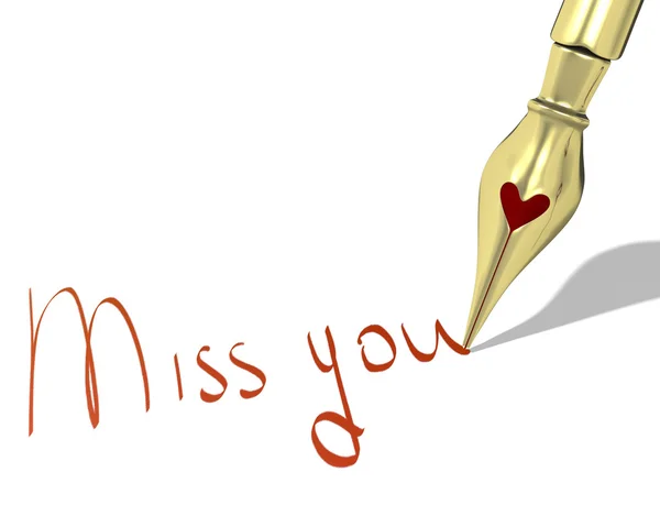 Stalówkę pióra atramentu z serca pisze, "tęsknię za tobą" — Zdjęcie stockowe