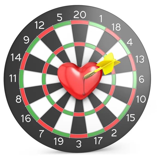 Dart hit the heart in the center of darts board, frontal view — Stock Photo, Image