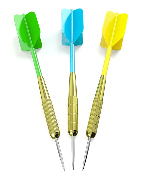 Três setas de dardos, vermelho, azul e amarelo — Fotografia de Stock