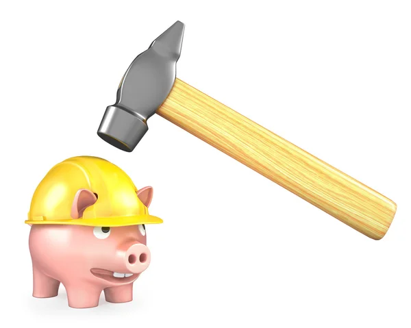 Piggy banco em capacete amarelo sob grande martelo — Fotografia de Stock