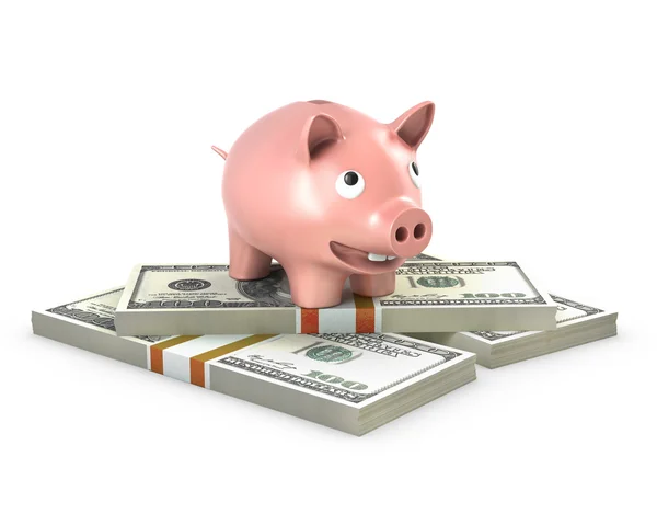 Sparschwein steht auf 100-Dollar-Papieren — Stockfoto
