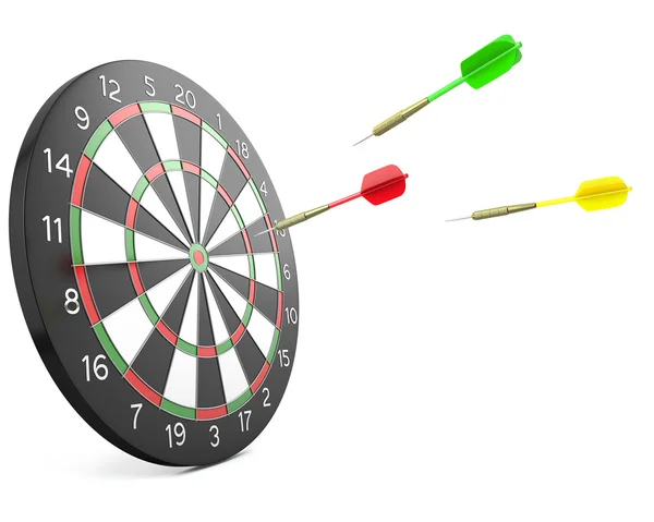 Drie darts pijlen vliegen in de Raad van bestuur — Stockfoto