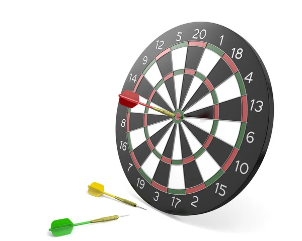 One dart hit the center of board and two missed — Stock Photo, Image