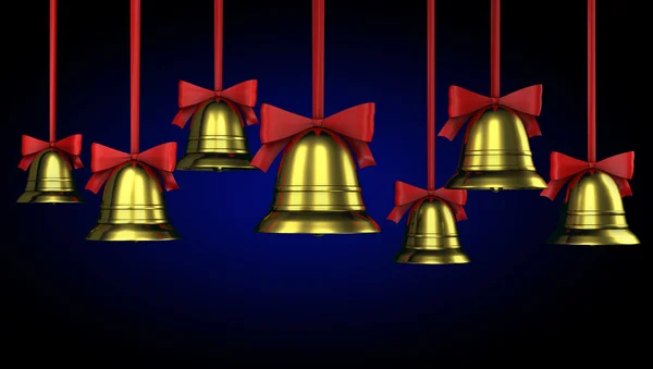 A lot of Christmas bells with red ribbons — Stock Photo, Image