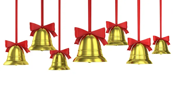 Un sacco di campane di Natale con nastri rossi — Foto Stock