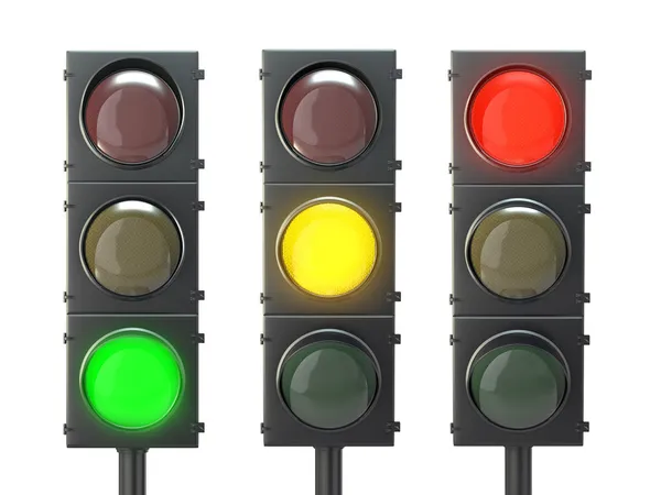 Conjunto de semáforos com luzes vermelhas, amarelas e verdes — Fotografia de Stock