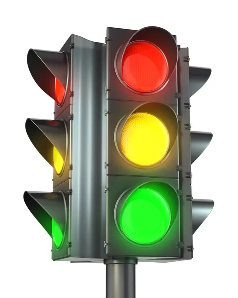 Čtyři sousedil s červené, žluté a zelené světlo semaforu — Stock fotografie