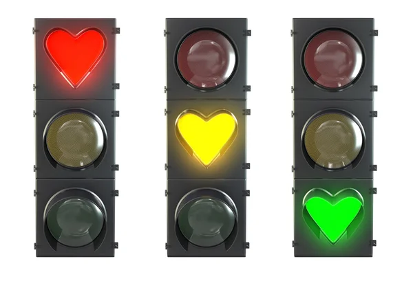 Sada semaforu se srdcem ve tvaru červené, žluté a zelené lam — Stock fotografie