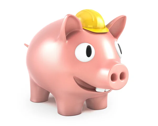Piggy banco usa capacete amarelo pequeno — Fotografia de Stock
