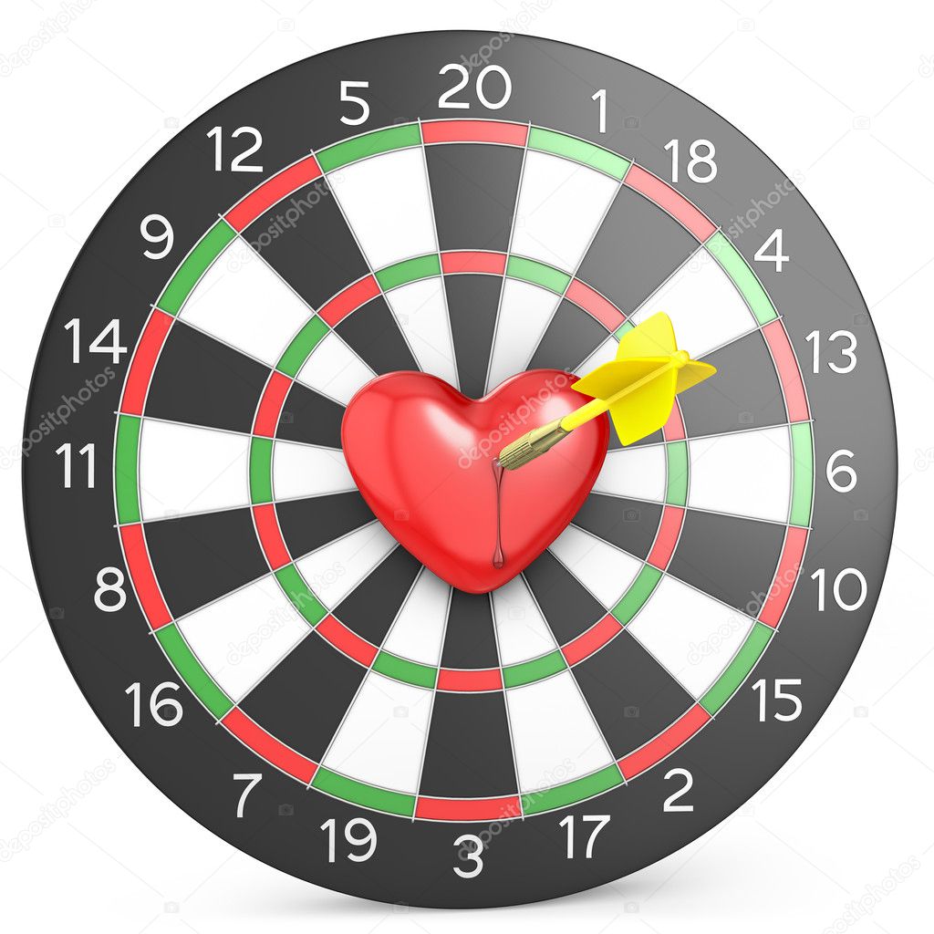 Dart hit the heart in the center of darts board, frontal view — Stock