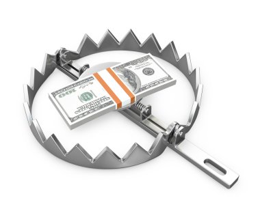 Bundle of 100 dollars in a bear trap clipart