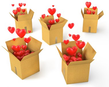 bir sürü kırmızı kalpler onları dışarı uçan karton kutular