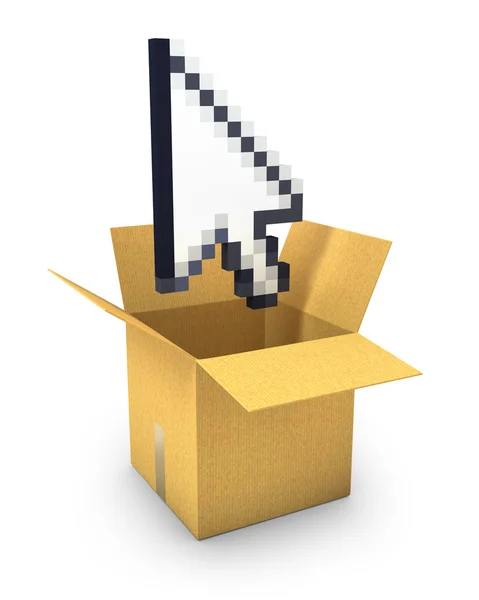 Pixel arrow cursor flies out of a carton box — Stock Photo, Image