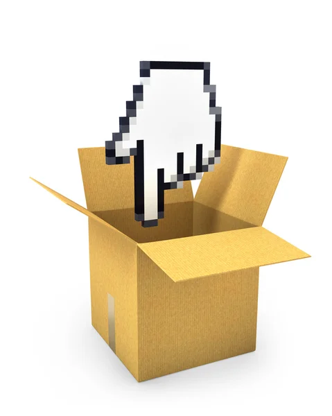 Pixel hand cursor flies to carton box — Stock Photo, Image